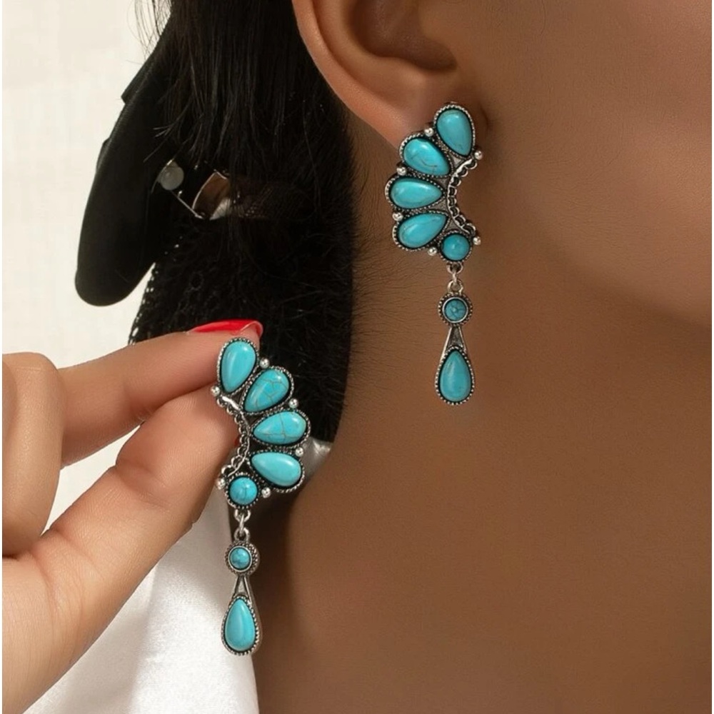 Turquoise Stone Decor Western Statement Earrings-… - image 2